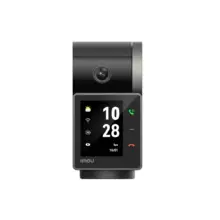 Video doorbell with a camera above a square touchscreen panel displaying time and status icons on a black background.