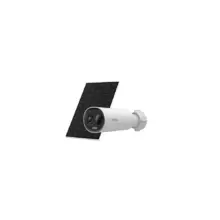 White outdoor security camera with a solar panel mounted on a bracket for power.