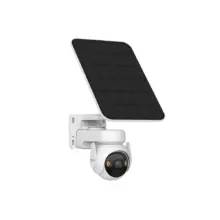 White solar-powered security camera with a tilted rectangular solar panel mounted on a wall bracket.