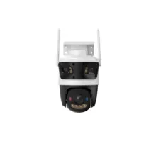 White wireless outdoor security camera with dual antennas and a dome lens housing beneath.