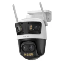 White and black dual-lens security camera with two antennas and wall mount, IMOU branding visible.