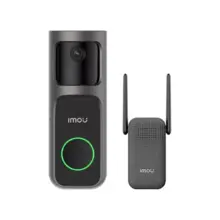 IMOU outdoor video doorbell with camera and a circular green status ring, shown next to an indoor chime unit with antennas.