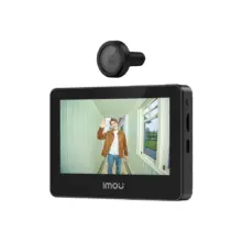 IMOU dash cam with a touchscreen unit and a detachable lens above; the screen shows a person waving in a green hallway.