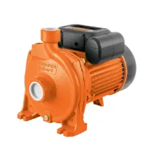 Orange centrifugal water pump with a black electric motor, mounted on a base, labeled Truper Expert