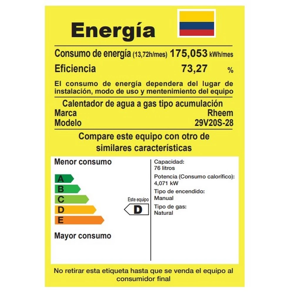 Calentador de agua a gas de acumulación 20 galones / 76 Litros - Rheem  Colombia
