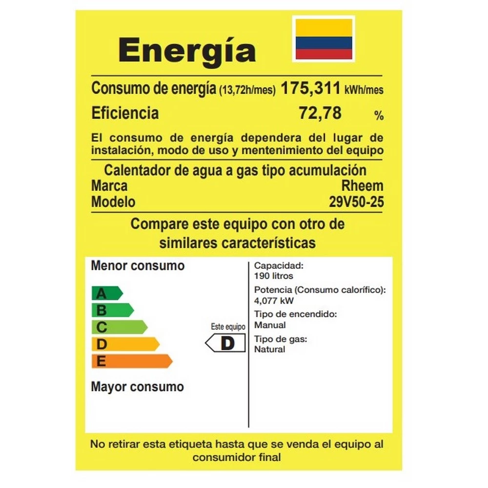Calentador de agua a gas de acumulación 50 galones / 190 Litros - Rheem  Colombia
