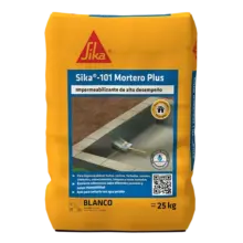 Yellow bag of Sika-101 Mortero Plus high-performance waterproofing mortar, 25 kg, with blue label and brand logo visible.