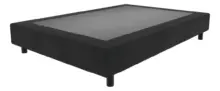 Black upholstered platform bed frame with four short legs viewed at an angle