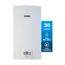 White Bosch wall-mounted boiler with a blue, three-section label reading: 30 LITROS, GAS NATURAL, TIRO FORZADO.