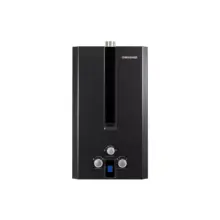 Black Challenger gas boiler with a vertical slim vent three silver control knobs and a small digital display at the bottom center texturized in chrome accents
