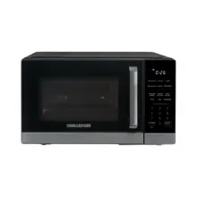 Black microwave oven with a digital keypad on the right and a silver handle brand Challenger on the door panel