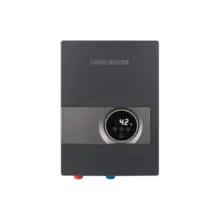 Wall-mounted boiler with a circular digital control panel showing 42°C and red/blue inlet pipes below.