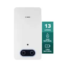 Bosch white wall-mounted gas boiler with a black control panel at the bottom and a teal label reading 13 LITROS, GAS NATURAL, TIRO NATURAL.