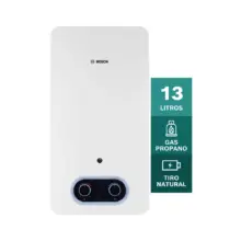 Bosch white water heater with a rounded bottom control panel; teal label reads '13 LITROS' and shows propane and natural gas icons.