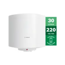 White Bosch electric water heater storage tank with a red indicator at the base; 30 L capacity and 220 V indicated on the side.