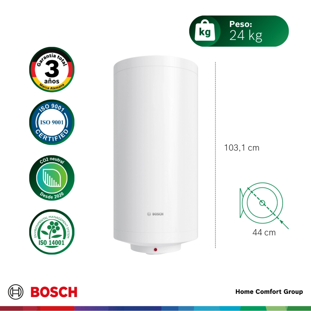 Vertical white Bosch water heater with a small red indicator at the bottom height 1031 cm and diameter 44 cm weight 24 kg with certification badges on the left