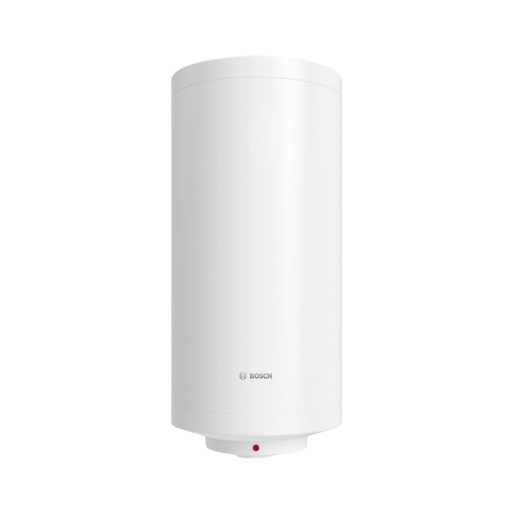 White tall cylindrical Bosch water heater with small red indicator at the base