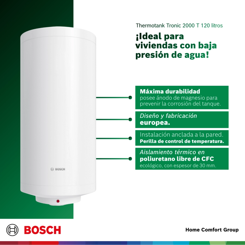 Bosch Thermotank 2000 T de 120 litros en blanco con fondo verde y texto promocional en español sobre sus ventajas