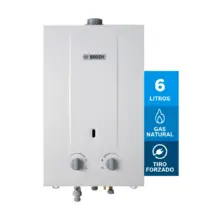 Bosch 6-liter gas water heater with two front knobs and bottom connections for natural gas (tiro forzado).