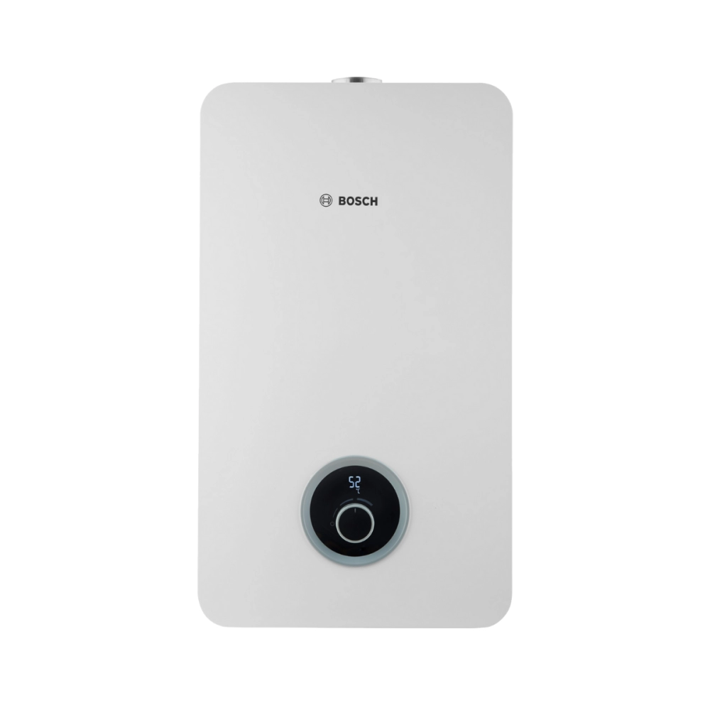 White Bosch water heater with a round digital control dial near the bottom center