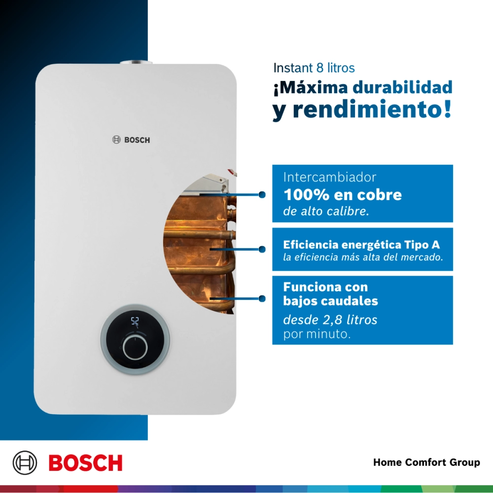 Calentador Bosch blanco con recortes azules y texto en español destacando durabilidad y rendimiento del equipo de 8 litros instantáneos