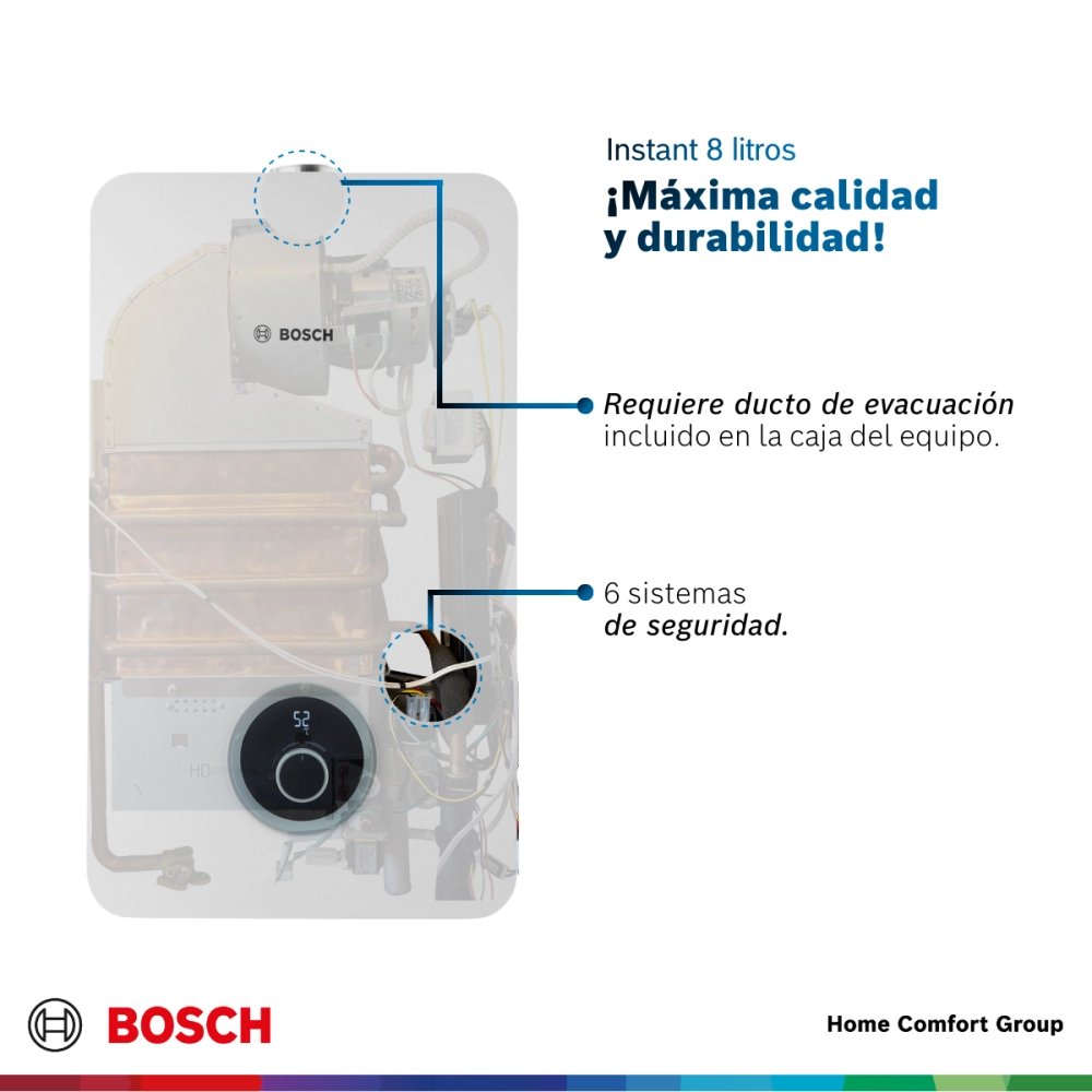 Bosch boiler infographic highlighting instant 8 liters exhaust duct included and six safety systems