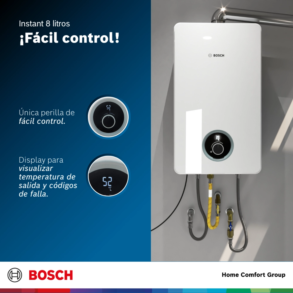 Bosch wall mounted boiler on the right with two circular digital controls blue panel on the left shows the slogan and temperature readouts Bosch logo and Home Comfort Group at the bottom