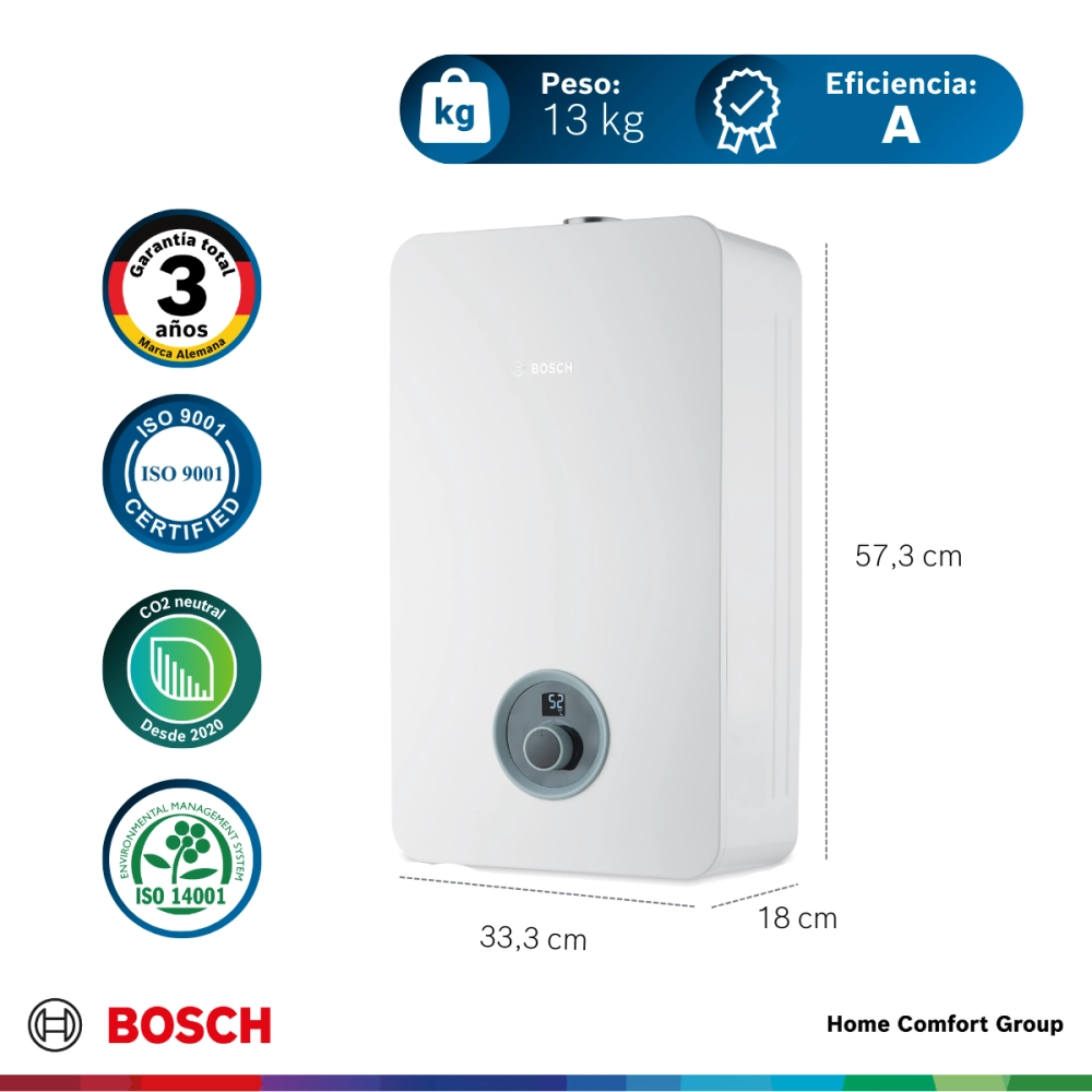 Bosch white wall mounted boiler with a circular digital display dimensions 573 cm tall 333 cm wide 18 cm deep A efficiency badge nearby