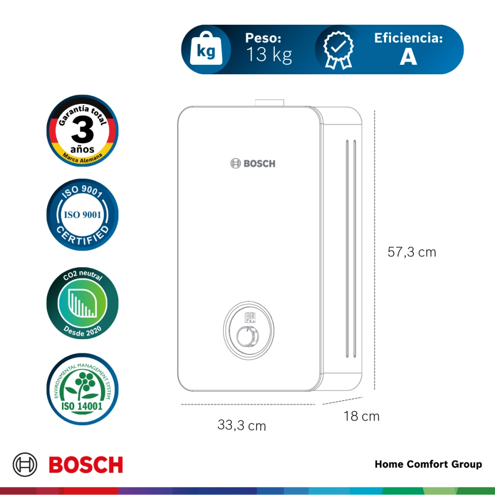 Bosch wall mounted boiler with dimensions 573 cm high 333 cm wide 18 cm deep weight 13 kg efficiency A featuring warranty and certification icons