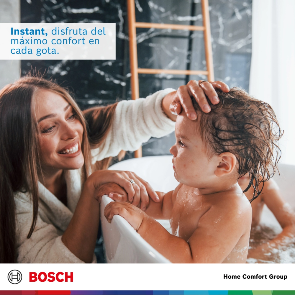 Mother washes a smiling toddler in a bath conveying warmth and home comfort Bosch ad