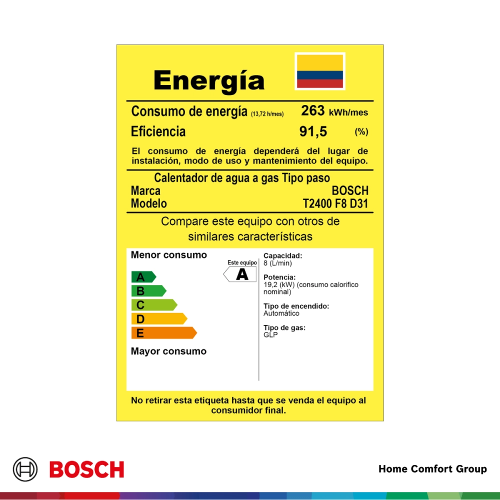 Bosch yellow energy label for a gas water heater showing consumption 263 kWhmonth and efficiency 915