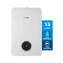 White Bosch tankless water heater with a round digital control panel at the bottom; a blue badge on the right reads '15 LITROS', 'GAS PROPANO', and 'TIRO FORZADO' indicating capacity and propane gas with forced draft.