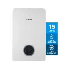 Bosch white gas water heater with circular digital display, showing 52°C; label shows 15 litros, gas natural, tiro forzado.