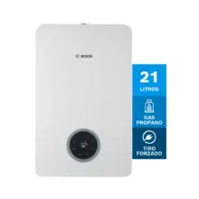 Bosch on-demand propane gas water heater, 21 liters capacity, digital control panel visible on front.