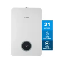 Bosch gas water heater with 21‑litre capacity, natural gas, and forced draft indicator on the side.