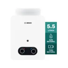 White Bosch mini gas water heater with two control dials and vent outlet, labeled 5.5 liters, gas natural, and natural gas icon on the side badge