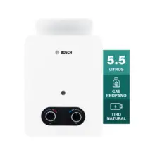 White Bosch wall-mounted water heater with a black dual-knob control panel; side graphic shows 5.5 liters, propane gas, and natural draft.