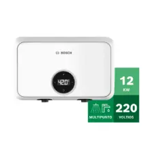 Bosch white electric water heater with a circular digital temperature display, rated 12 kW and 220 V multipoint system.