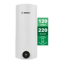 Bosch white cylindrical electric water heater with a small digital control panel at the bottom and a label showing 120 liters and 220 volts on the side
