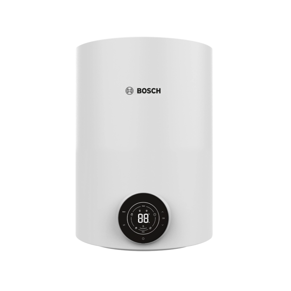 Bosch white cylindrical boiler with a black circular digital control panel at the bottom front