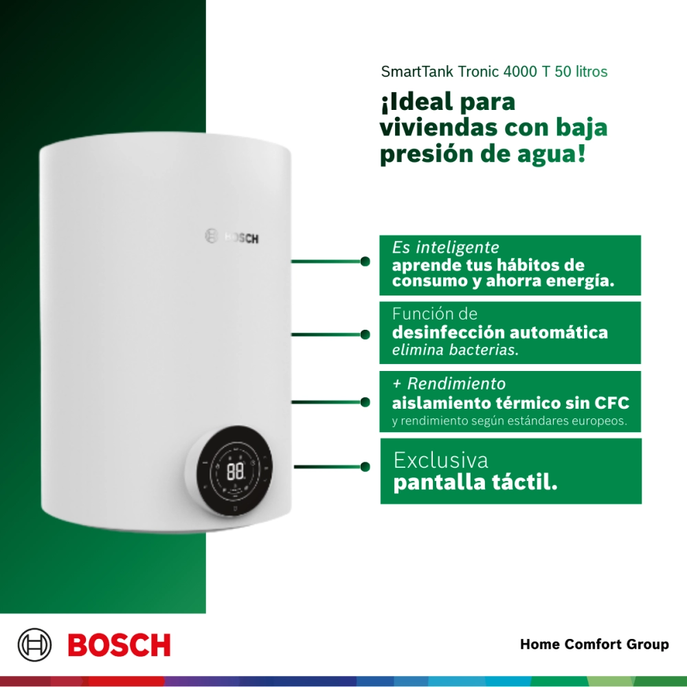 Bosch SmartTank 4000 T water heater advertisement with green feature blocks listing energy savings automatic disinfection thermal insulation and tactile display