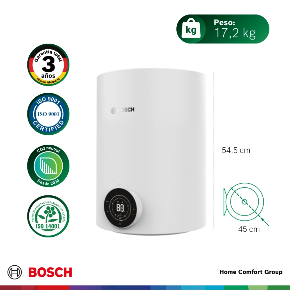 White Bosch water heater with a black circular control dial at the bottom certification badges on the left and size 545 cm tall by 45 cm dia weight 172 kg