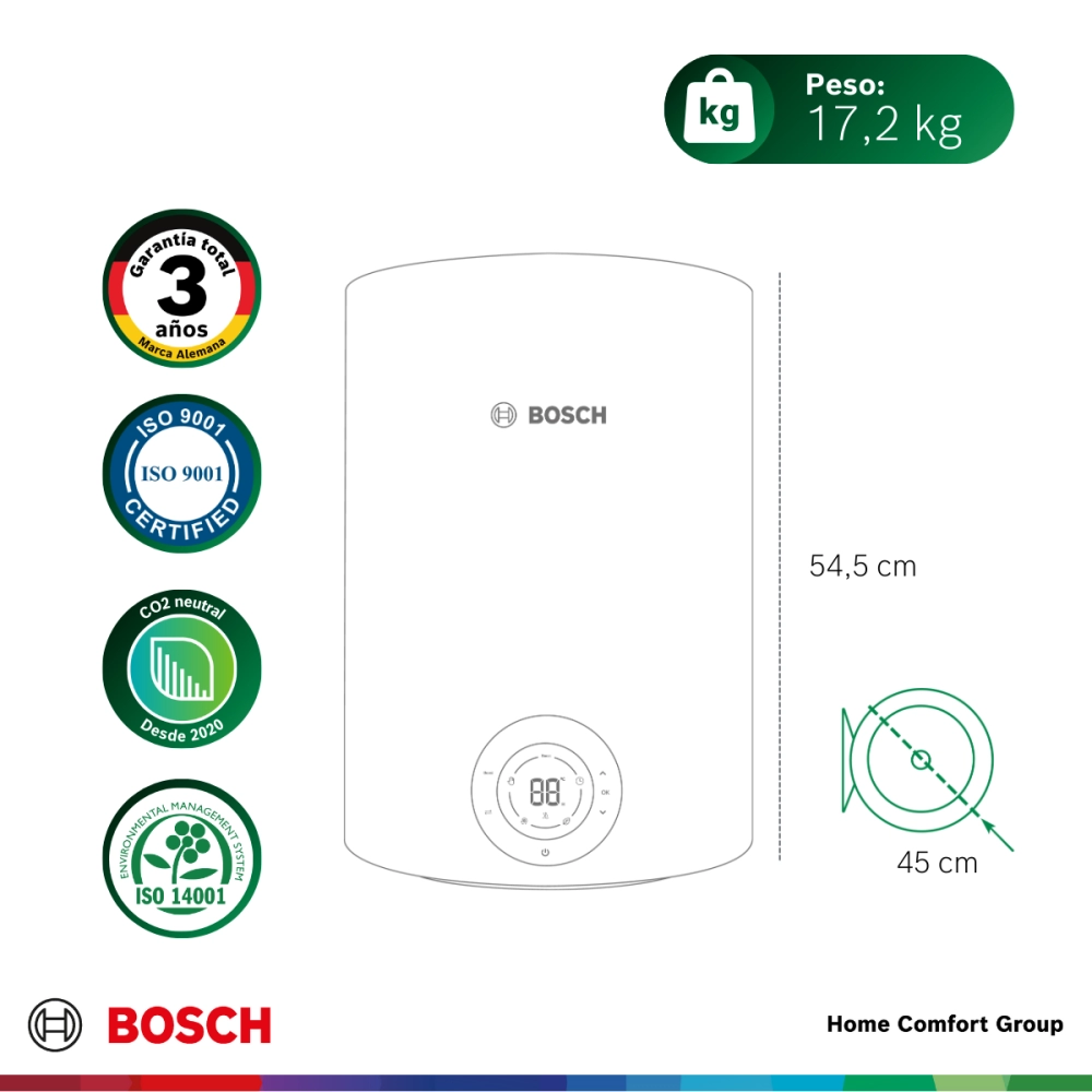 Front view of a Bosch boiler with a circular digital control panel at the base dimensions 545 cm high and 45 cm diameter weight 172 kg with certification logos on the left side