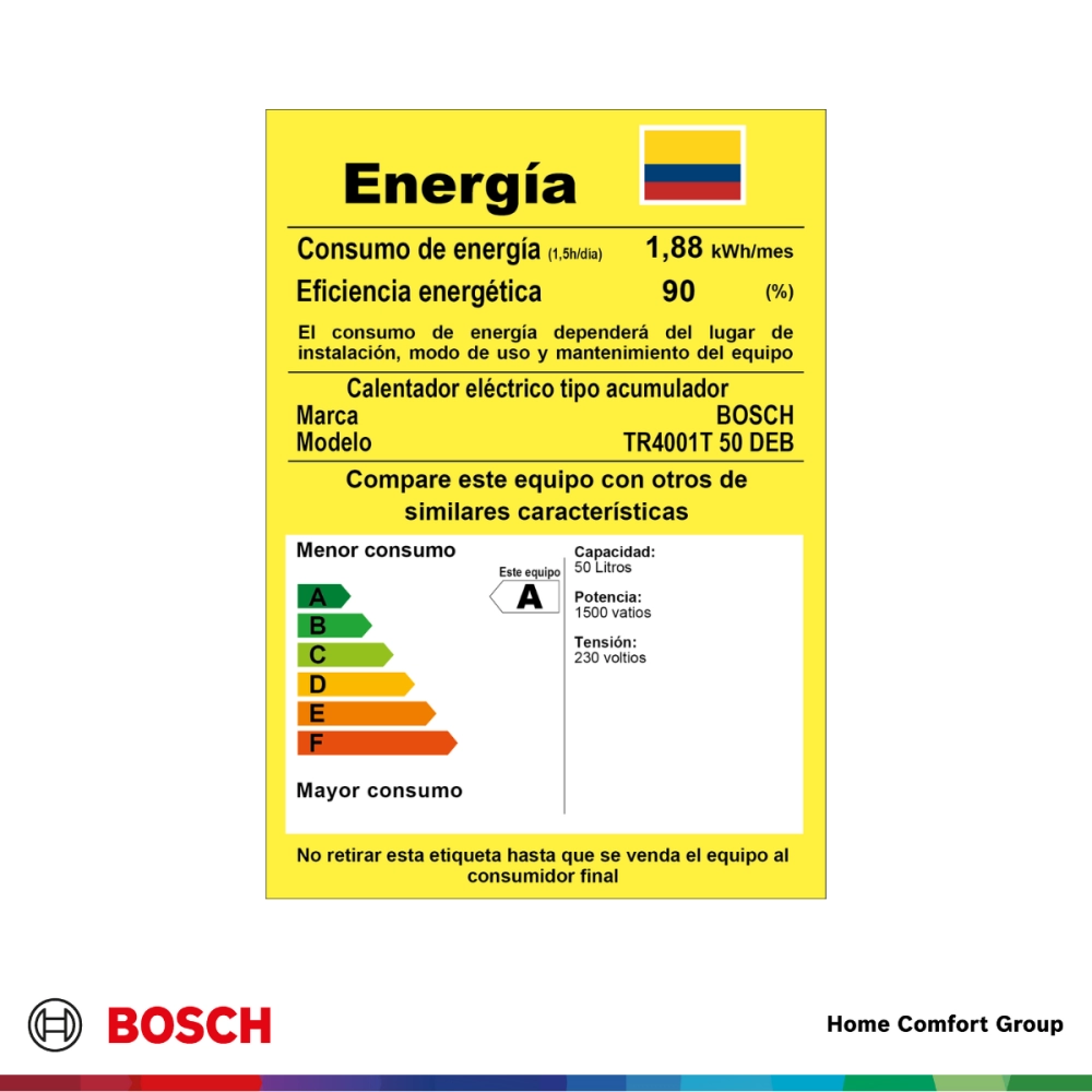 Etiqueta de energía de Bosch cartel amarillo con consumo eficiencia y modelo en español con escala de A a F y logotipo de Bosch para un aparato eléctrica resuelto en 188 kWhmes y 90 de eficiencia