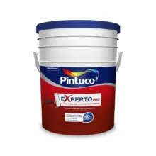 White paint bucket with blue lid and Pintuco Expert Pro label red base area and paint roller graphic paint container product