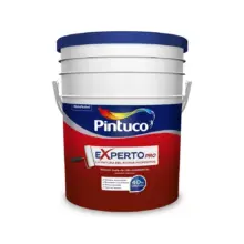 White paint bucket with a blue lid and Pintuco branding labeled EXPERTO PRO for professional interior paints red lower section