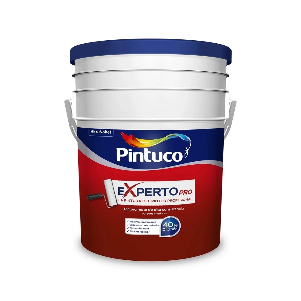 White paint bucket with a blue lid and Pintuco branding labeled EXPERTO PRO for professional interior paints red lower section