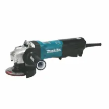 Makita angle grinder with teal body and black handle grinding disc attached