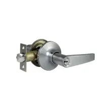 Silver door lever with a round rose and tubular latch on a metal strike plate isolated on white background