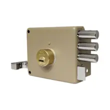 Beige metal security lockbox with a brass round lock and four vertical steel bolts on the right side.